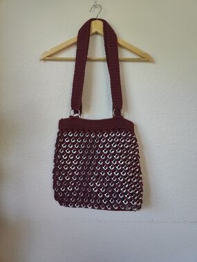 Handcrafted Wine Crochet Tote Bag with Metallic Accents